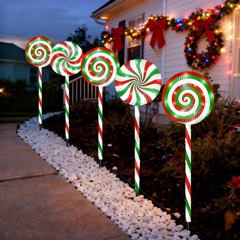 Christmas Lollipop Pathway Lights-5 Pack Solar Powered Outdoor Garden Path Lights Xmas Candy Cane Landscape Lighting Solar Waterproof Decorative Lights Decorations Outside Yard