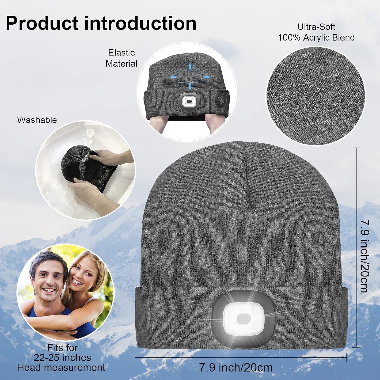 Gray beanie with LED light feature, showing material, washability, and size details on a blue gradient background.