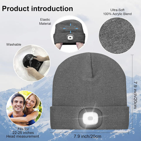 Gray beanie with LED light feature, showing material, washability, and size details on a blue gradient background.
