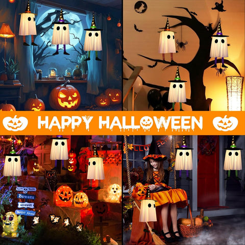 CNMTCCO Halloween Hanging Ghost Decorations 3 Pack – Light Up Witch Hat Ghosts with Multicolour LEDs for Indoor & Outdoor Halloween Party Décor