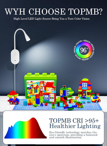 Colorful building blocks with a lamp and text highlighting TOPMB LED light source