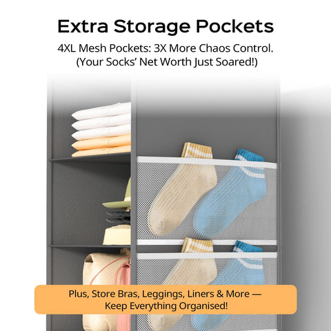Extra Deep 6-Shelf Hanging Wardrobe Organiser, Grey – Heavy-Duty Foldable Clothes Storage with 4 Large Mesh Pockets