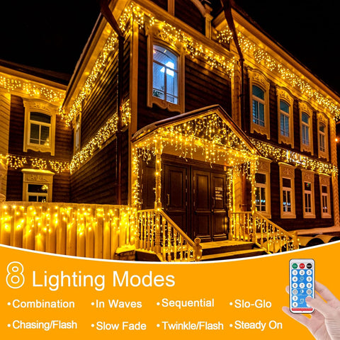 Solar Icicle Lights 16.4Ft 256 LED Waterproof Christmas String Lights with Remote & 8 Modes - Turn Your Outdoor Space Into a Christmas Glow