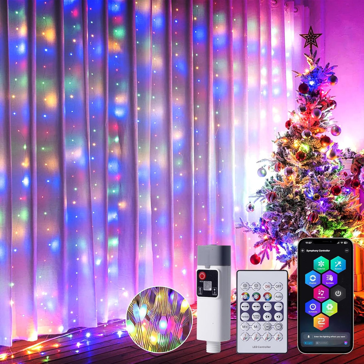 Rechargeable Fairy Curtain Lights 3x3m – Multicolour RGB LED Window Lights with App & Remote Control, 99+ Modes and Music Sync – Bring Every Celebration to Life with Colour