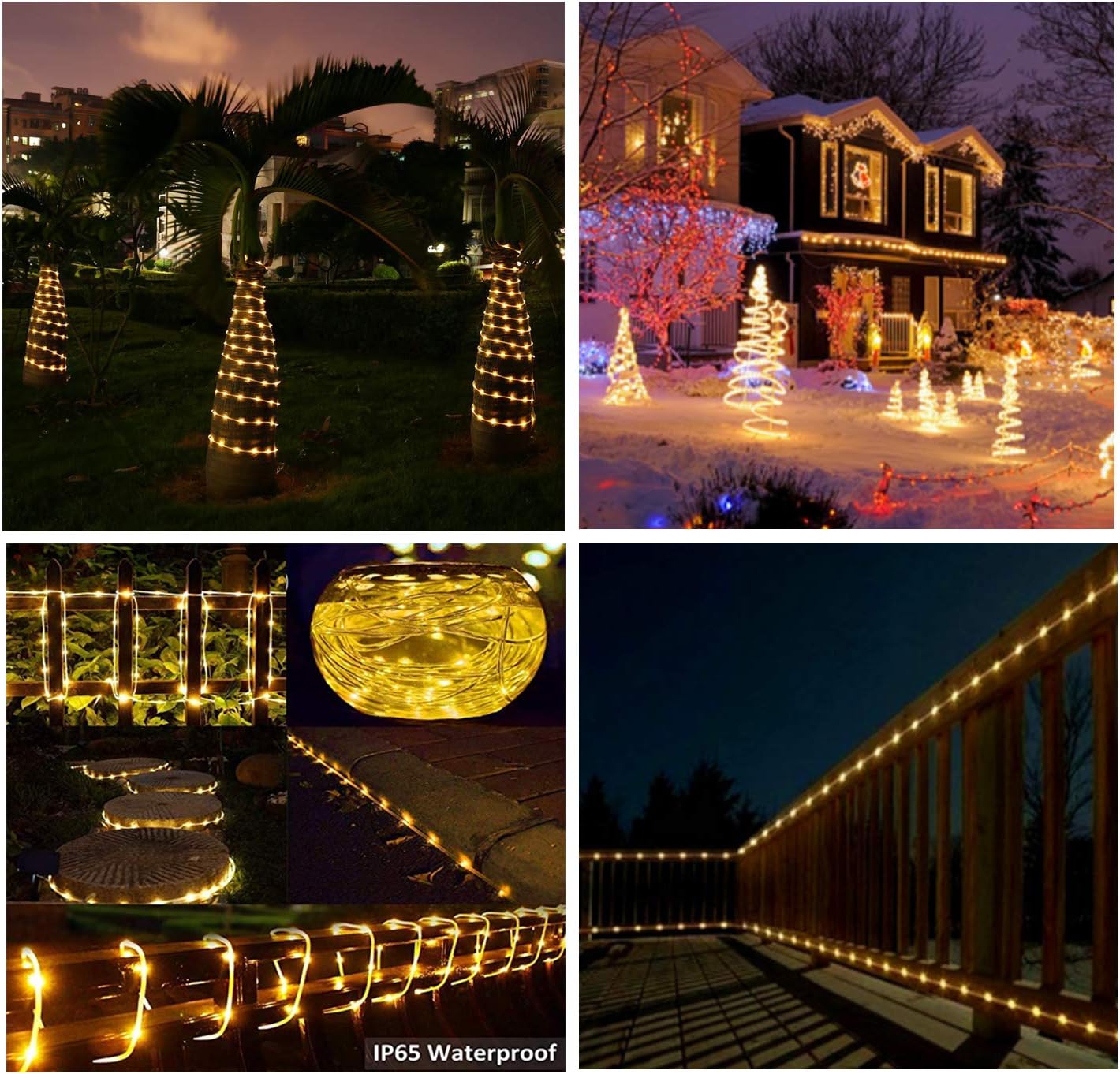 Collage of outdoor string lights used in various settings including a garden, house exterior, steps, and deck.