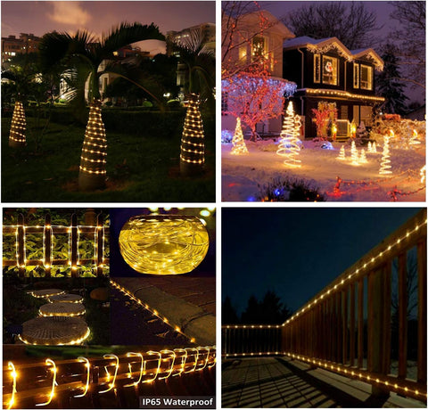 Collage of outdoor string lights used in various settings including a garden, house exterior, steps, and deck.
