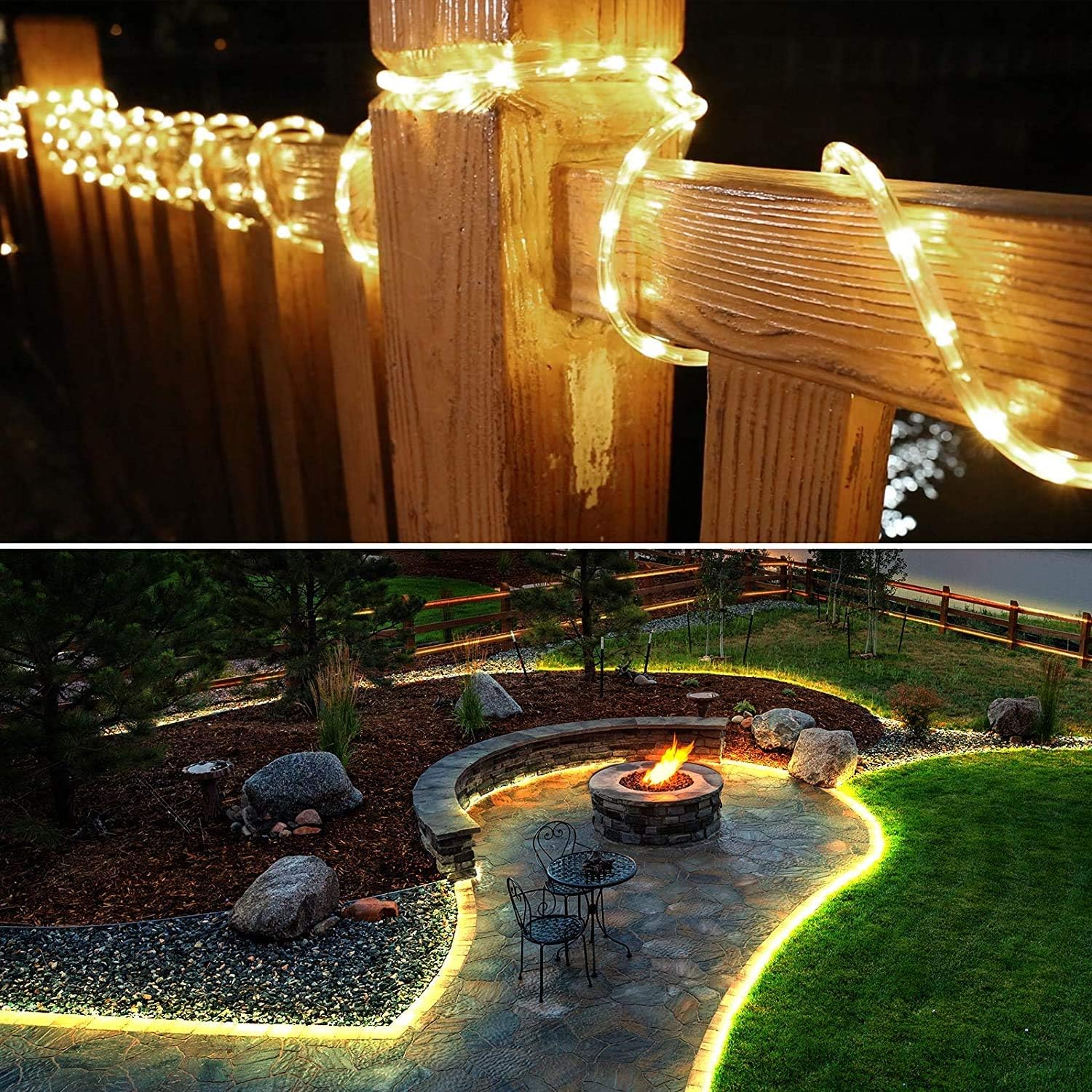 String lights on a wooden fence and a fire pit area with string lights along the pathway.