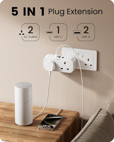 LENCENT Double Plug Adapter with 3 USB Ports – UK 2-Way Socket Extender with USB-C, 13A 3250W – Make One Wall Socket Work Harder for Your Everyday Life