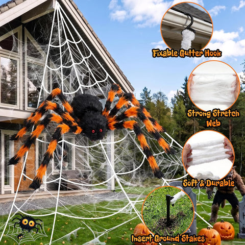 BOSONER Giant Spider Web Halloween Decorations with 50-Inch Large Spider & 16.4 × 15.7 ft Web – Outdoor Halloween Decorations for Gardens, Front Doors, Parties & Haunted Houses