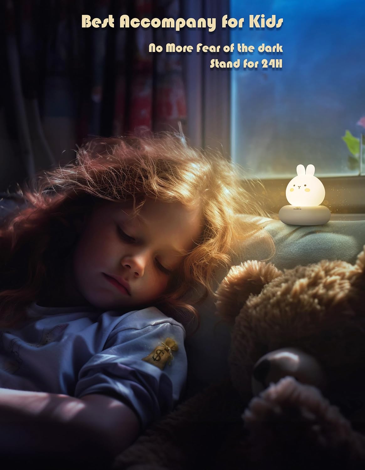 Child sleeping with a teddy bear next to a night light, with text about being a 'Best Accompany for Kids'.