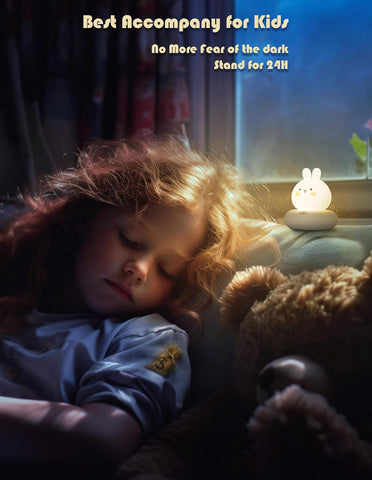 Child sleeping with a teddy bear next to a night light, with text about being a 'Best Accompany for Kids'.
