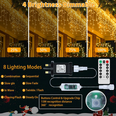 Outdoor Christmas Icicle Lights Mains Powered – 25M + 5M, 800 Warm White LED Waterproof Icicle Fairy Lights with Remote, 8 Modes, Dimmable & Timer - Turn Dark Winter Evenings Into a Cosy Christmas Glow