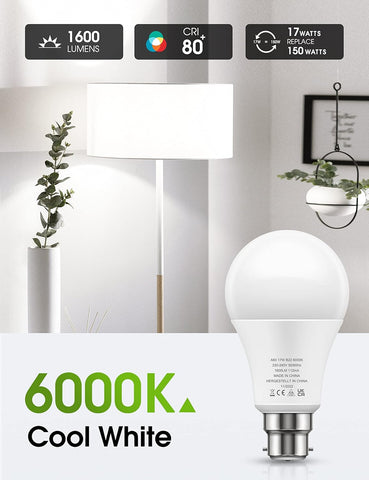 B22 LED Bulbs 17W 150W Equivalent Cool White 6000K 4 Pack