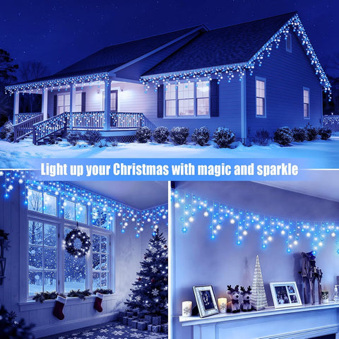 Dalugo 10M Christmas Icicle Lights Outdoor – 240 LED Blue & White Snowflake Lights with 6H Timer, 8 Modes & Memory Function - Make Your Home Glow Like a Winter Wonderland