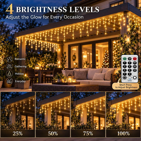 Icicle Lights Outdoor Plug In 30M 540 LED Warm White – Waterproof Curtain Lights with 8 Modes & Timer for Roof Eaves, Gutters & Windows - Turn Empty Edges Into Evening Magic