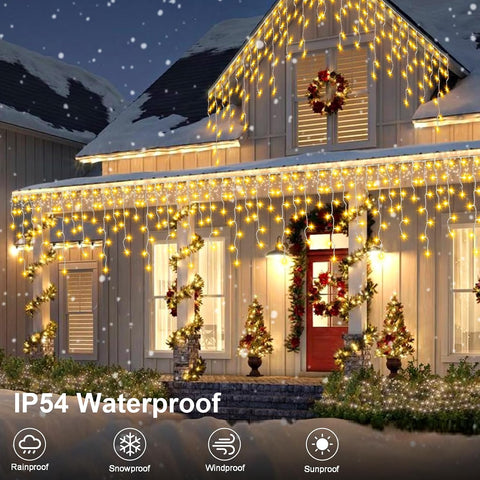 14M 360 LED Christmas Icicle Lights Outdoor Mains Powered with Remote – Warm White, 8 Modes, Timer & IP54 Waterproof - Turn Your Home Into a Winter Glow