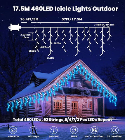 LITOHOM Icicle Outdoor Christmas Lights 460 LED 17.5M Blue White Waterproof