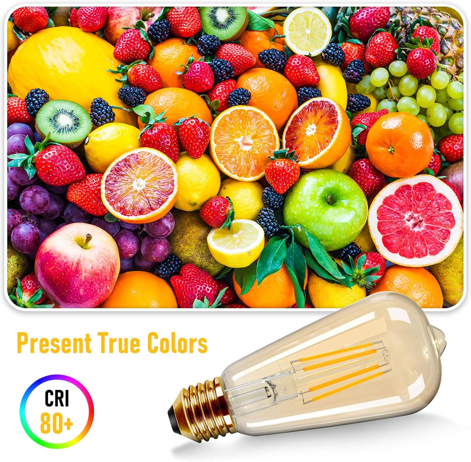 Colorful fruits and a light bulb with 'Present True Colors' text and CRI 80+ logo.
