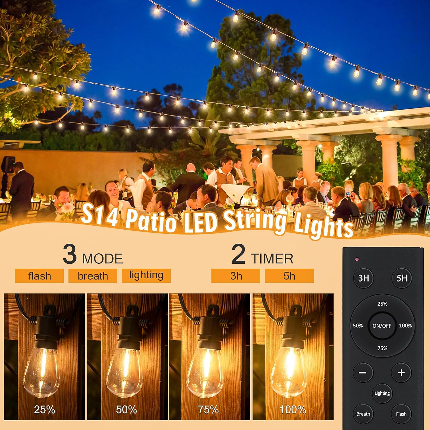 Festoon Lights Mains Powered Outdoor - 150FT/45M S14 String Lights 45+2 Shatterproof LED Bulbs, Dimmable with Remote Control, Waterproof Garden Lights for Patio Gazebo Pergola Porch Wedding Party - thelights4u.com