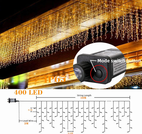 10m 400 LED Icicle Christmas Lights – Warm White Outdoor Fairy String Lights with 8 Modes, Timer & Connectable Design for Roofs, Gutters, Gardens & Parties - Turn Your Home Into a Cosy Christmas Welcome