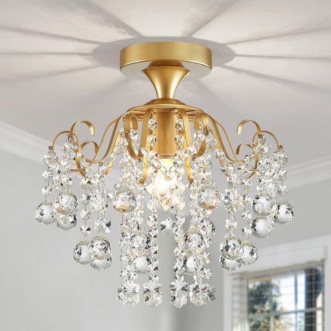 Gold ceiling light fixture with crystal accents in a room setting