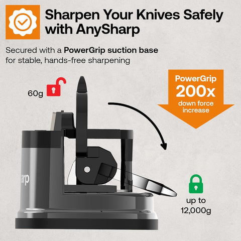 AnySharp Pro Metal Knife Sharpener – Hands-Free PowerGrip Suction | Sharpens All Knives | Hardened Steel & Serrated | Wolfram Finish