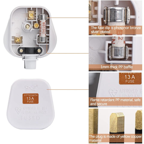 4 Pack 13 Amp 3 Pin Plug White with Fuse Kit