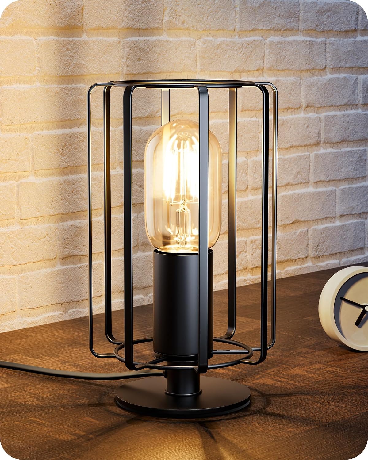 SEDISHINE Industrial Table Lamp – Black Metal Cage Lamp with LED Bulb, E27 Socket & 165cm Cord for Bedroom, Desk, Bedside & Living Room