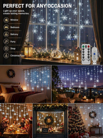 Christmas Snowflake Curtain Lights – 96 Warm White LEDs, 8 Lighting Modes & Remote Control for Windows – Bring a Little Winter Magic to Every Evening