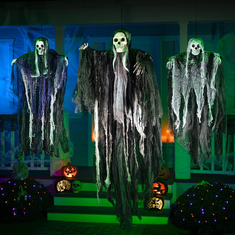 JOYIN 3 Pack Hanging Halloween Skeleton Grim Reaper Decorations – Scary Ghost Skeletons with Adjustable Arms for Indoor & Outdoor Halloween Displays, Parties & Events