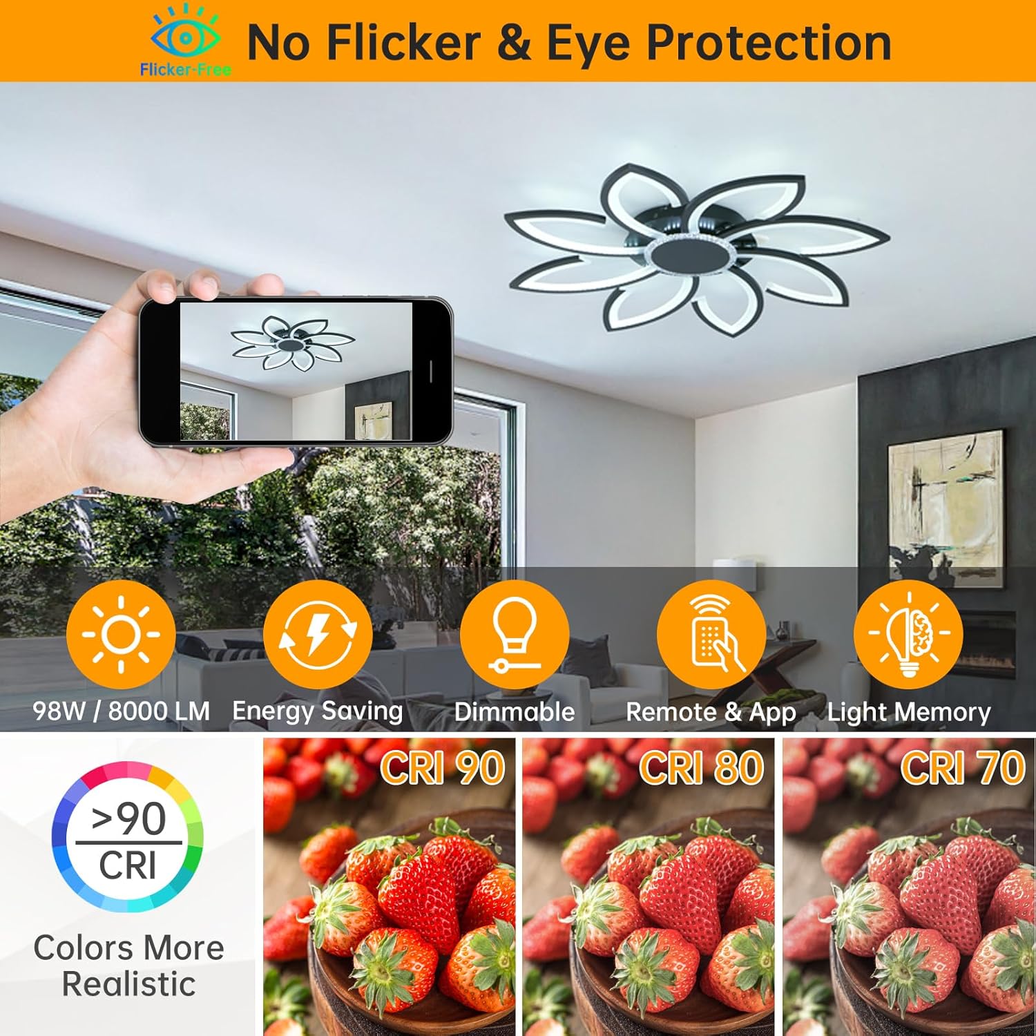 Ceiling light fixture with smartphone showing a design, surrounded by images of strawberries and product features.