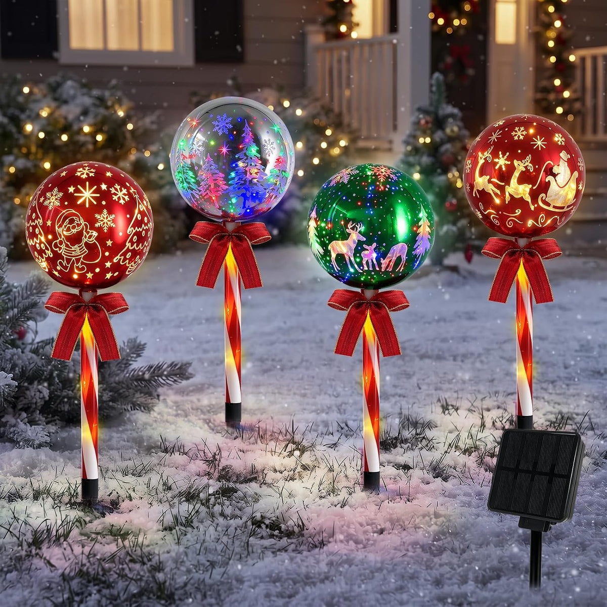 Christmas Pathway Lights Outdoor, 6 pcs Candy Cane Christmas Reindeer Lights with 8 Modes, Outdoor Decorations Light, LED Santa Claus Gift for Yard Path Garden Decor (Red Green - Xmas Ball)