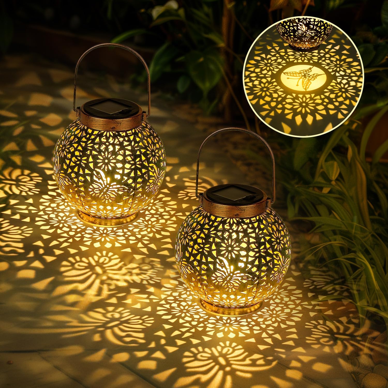 Black metal lantern with warm light glow

