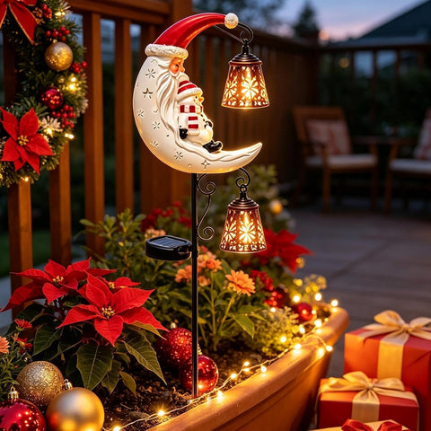 Solar Christmas Lights - LED Santa Snowman, Moon Stake Lamp, Garden Decor