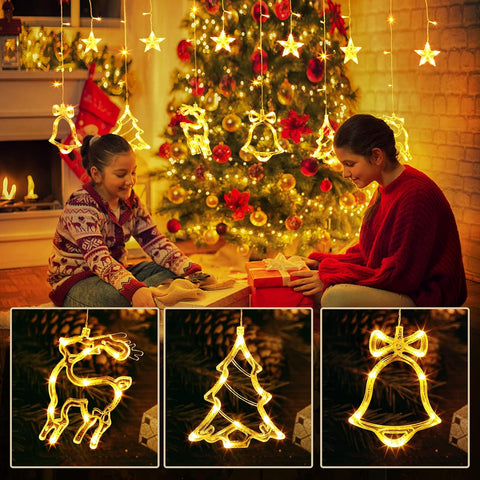 GlobaLink Christmas Curtain Fairy Lights – 138 Warm White LED Stars, Reindeer & Tree Decorations with 8 Flash Modes - Bring a Little Christmas Magic to Every Window