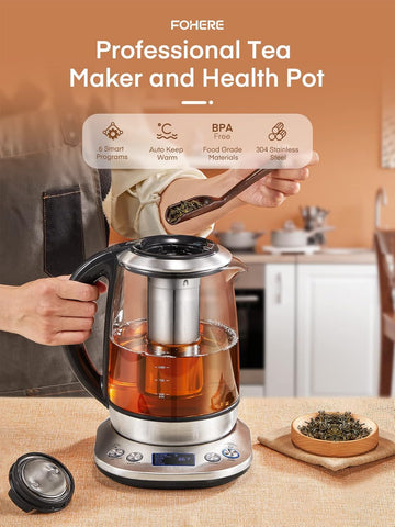 Smart Glass Tea Kettle 1.7L – Variable Temperature Control, 2200W Electric Kettle with Tea Infuser & Keep Warm Function