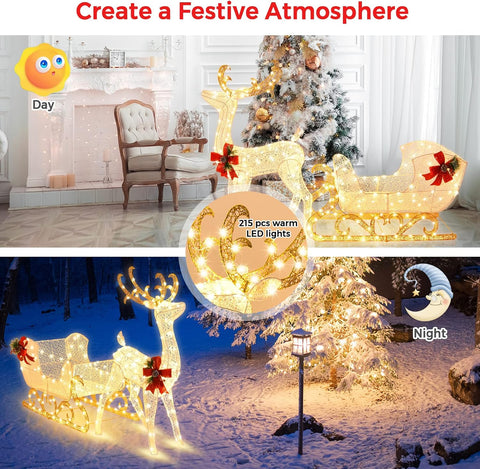 Costway Light Up Reindeer Sleigh Christmas Decoration with 215 Warm White LEDs