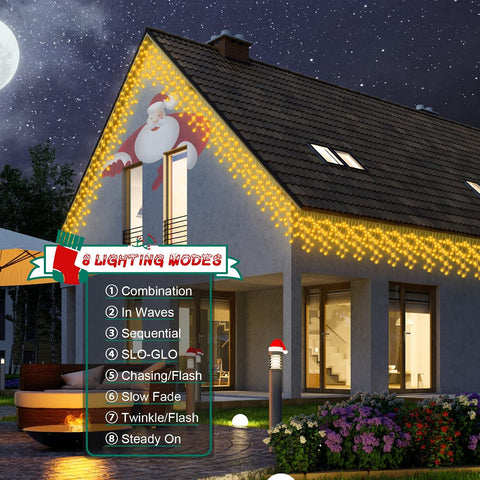 20M 480LED Warm White Icicle Christmas Lights – Outdoor Mains Powered with Timer, Memory & 8 Modes - Turn Your Roofline Into a Winter Glow