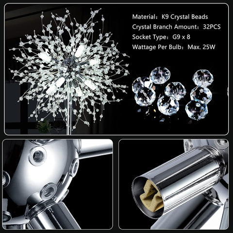 Modern Crystal Fireworks Floor Lamp, Chrome Standing Lamp with Foot Switch, 8 Lights, 170cm, Glass & Metal Tall Pole Tree Lighting for Living Room, Bedroom, Corner, Sofa