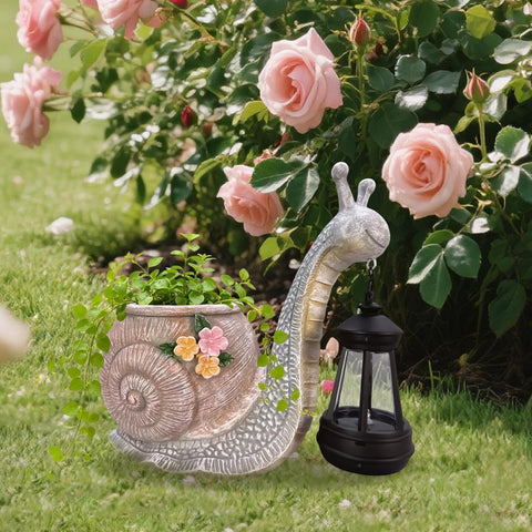 Planter with Solar Light Resin Snail Figure
