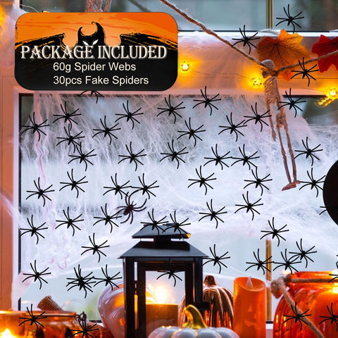 60g Halloween Spider Web Decorations with 30 Fake Spiders – Stretchable Cobwebs for Indoor & Outdoor Halloween Party Decorations
