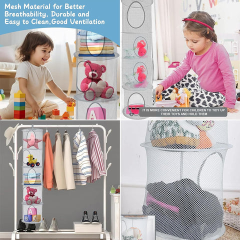 5-Tier Hanging Toy Storage Net, Grey Foldable Polyester Mesh Organiser for Teddy Bears, Soft Toys, Clothes and Bedroom Storage