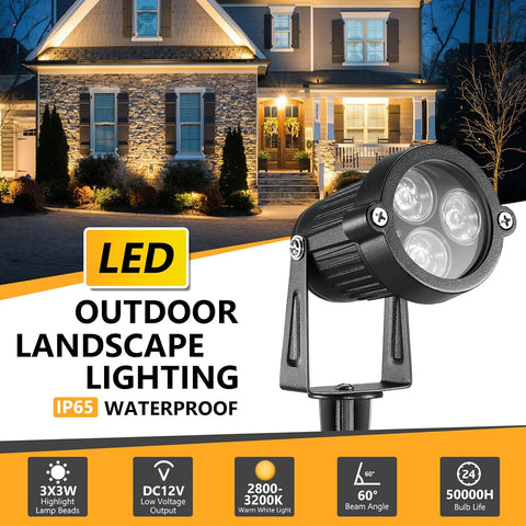 2Pcs DC 12V Landscape Lights, 3x3W IP65 Waterproof Cast-Aluminum Garden Spike Lights, LED Outdoor Landscape Spotlight Fixture Garden Night Spike Lawn Lamp (Warm White)