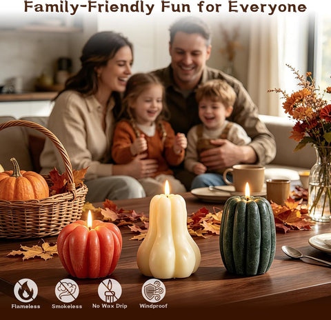 3 Pcs Fall Pumpkin Flameless Candle, LED Battery Operated Pumpkin Candle Light with Remote, Real Wax 3D Flickering Candles, Autumn Thanksgiving Halloween Farmhouse Home Decoration Gift