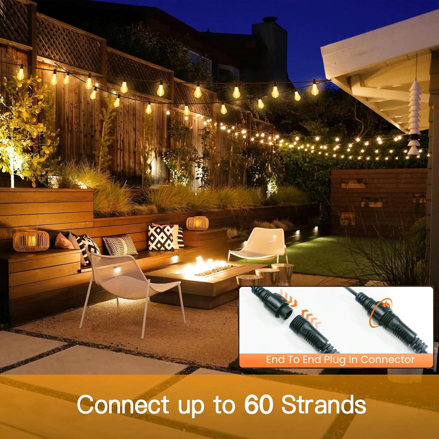 Outdoor patio with string lights and fire pit, featuring connector product inset.