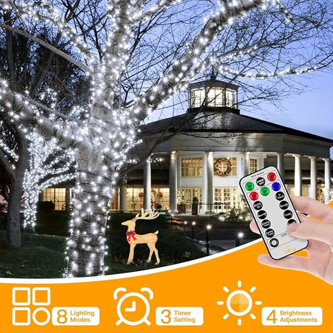 Decorative outdoor string lights with a remote control in front of a building.