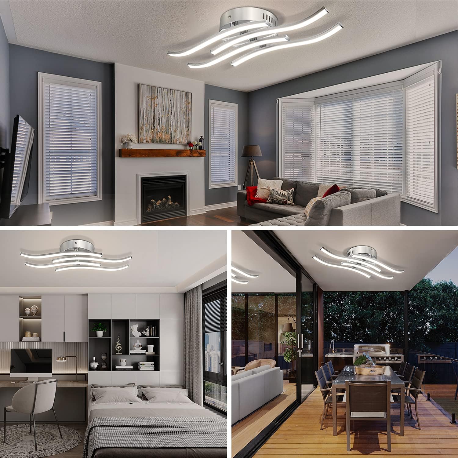 Ceiling fan in various indoor settings including a living room, bedroom, and dining area.