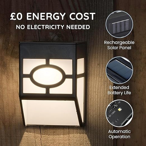 Bright LED solar wall light illuminating a garden pathway

