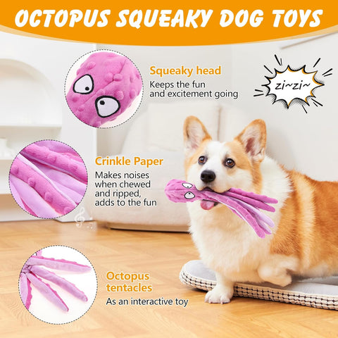 Octopus Dog Toys – No Stuffing Squeaky Plush for Small Dogs Purple & Green
