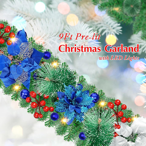 Christmas Garland with LED Lights 9FT – Artificial Green Festive Decoration
